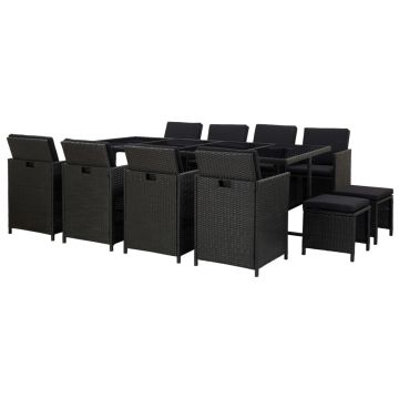 Set mobilier de exterior cu perne 13 piese negru poliratan