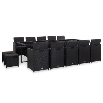 Set mobilier de exterior cu perne 15 piese negru poliratan
