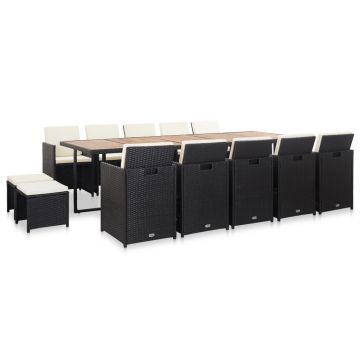 Set mobilier de exterior cu perne 15 piese negru poliratan