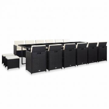 Set mobilier de exterior cu perne 17 piese negru poliratan
