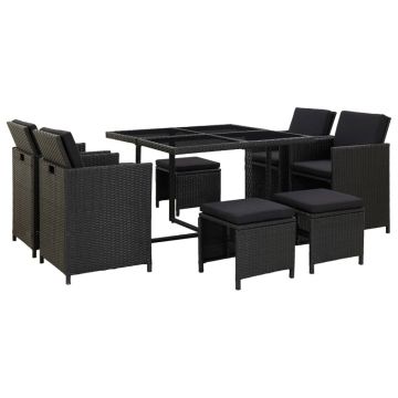 Set mobilier de exterior cu perne 9 piese negru poliratan