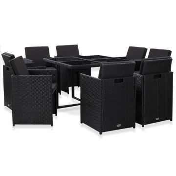 Set mobilier de exterior cu perne 9 piese negru poliratan