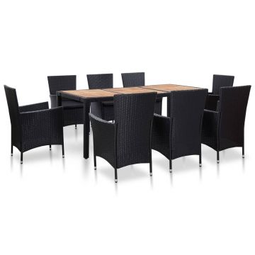 Set mobilier de exterior cu perne 9 piese negru poliratan