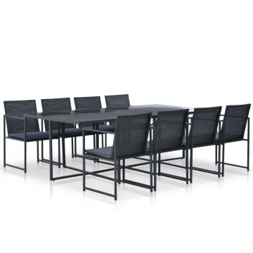Set mobilier de exterior cu perne 9 piese negru poliratan
