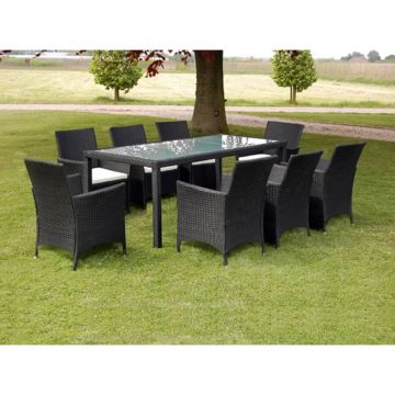 Set mobilier de exterior cu perne 9 piese negru poliratan