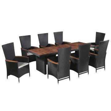 Set mobilier de exterior cu perne 9 piese negru poliratan