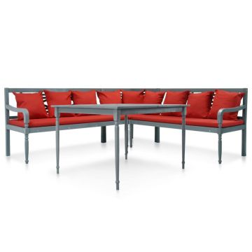 Set mobilier de grădină 4 piese gri/roșu lemn masiv acacia