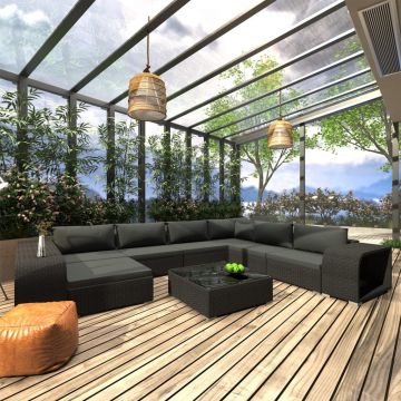 Set mobilier de grădină cu perne 10 piese negru poliratan