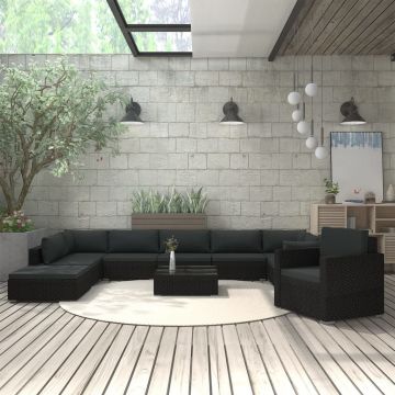 Set mobilier de grădină cu perne 11 piese negru poliratan