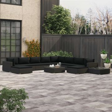 Set mobilier de grădină cu perne 12 piese negru poliratan