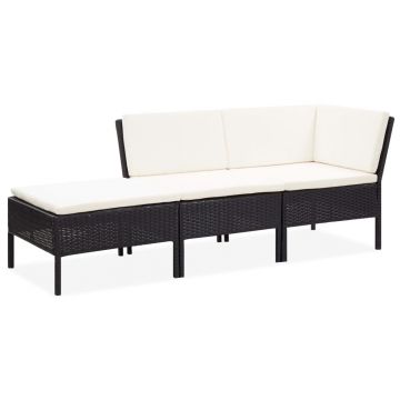 Set mobilier de grădină cu perne 3 piese negru poliratan