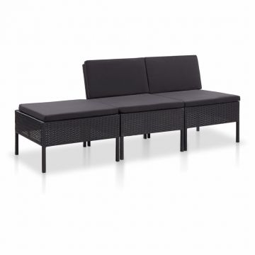 Set mobilier de grădină cu perne 3 piese negru poliratan