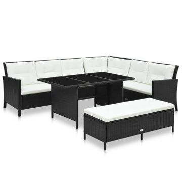 Set mobilier de grădină cu perne 3 piese negru poliratan