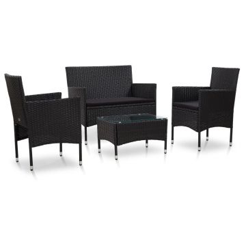 Set mobilier de grădină cu perne 4 piese negru poliratan