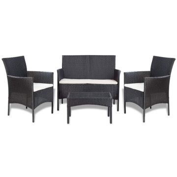 Set mobilier de grădină cu perne 4 piese negru poliratan