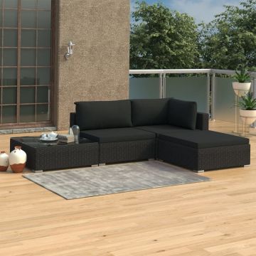 Set mobilier de grădină cu perne 4 piese negru poliratan