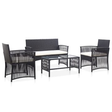 Set mobilier de grădină cu perne 4 piese negru poliratan