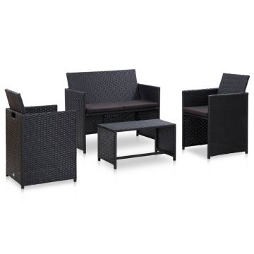 Set mobilier de grădină cu perne 4 piese negru poliratan