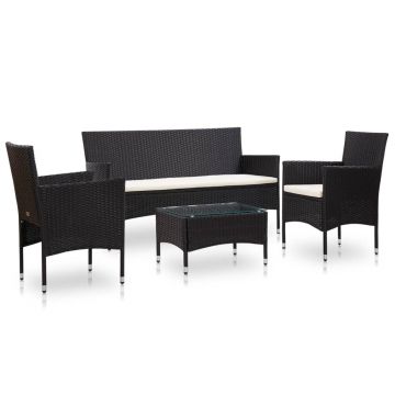 Set mobilier de grădină cu perne 4 piese negru poliratan