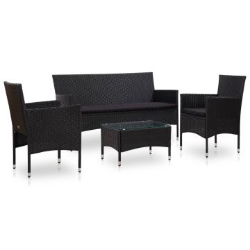 Set mobilier de grădină cu perne 4 piese negru poliratan