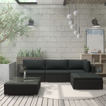 Set mobilier de grădină cu perne 5 piese negru poliratan