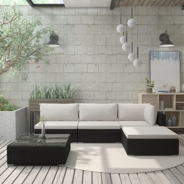 Set mobilier de grădină cu perne 5 piese negru poliratan