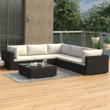 Set mobilier de grădină cu perne 6 piese negru poliratan