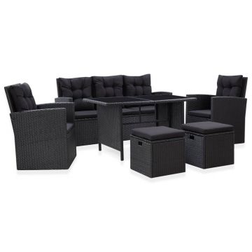 Set mobilier de grădină cu perne 6 piese negru poliratan