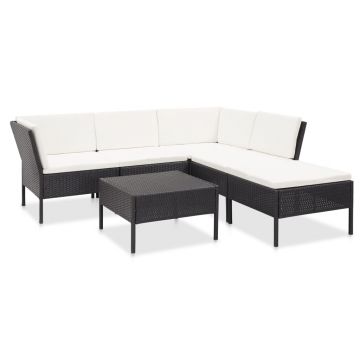 Set mobilier de grădină cu perne 6 piese negru poliratan