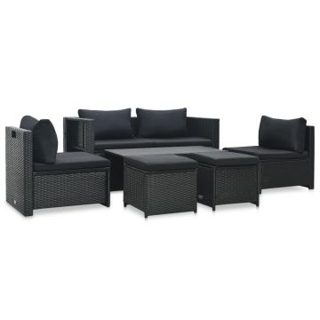 Set mobilier de grădină cu perne 6 piese negru poliratan