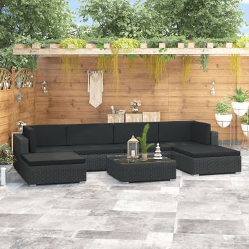 Set mobilier de grădină cu perne 7 piese negru poliratan