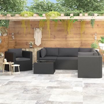 Set mobilier de grădină cu perne 7 piese negru poliratan