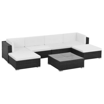 Set mobilier de grădină cu perne 7 piese negru poliratan