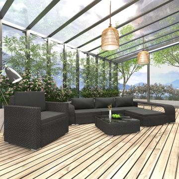 Set mobilier de grădină cu perne 8 piese negru poliratan