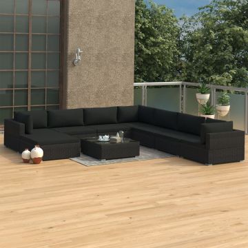Set mobilier de grădină cu perne 9 piese negru poliratan