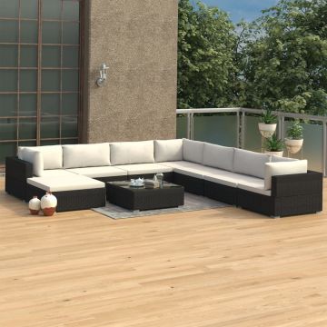 Set mobilier de grădină cu perne 9 piese negru poliratan