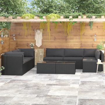 Set mobilier de grădină cu perne 9 piese negru poliratan