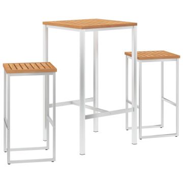Set de bar 3 piese lemn masiv de tec & oțel inoxidabil