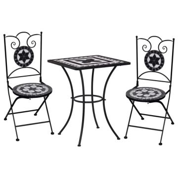 Set de bistro mozaic 3 piese negru & alb placă ceramică