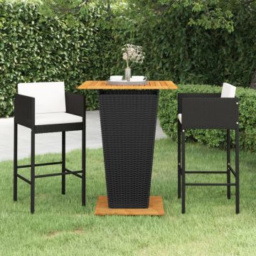 Set mobilier bar de grădină cu perne, 3 piese, negru, poliratan