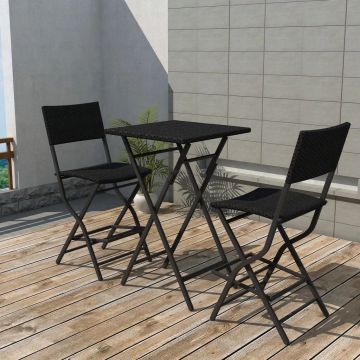 Set mobilier bistro pliabil 3 piese negru oțel și poliratan