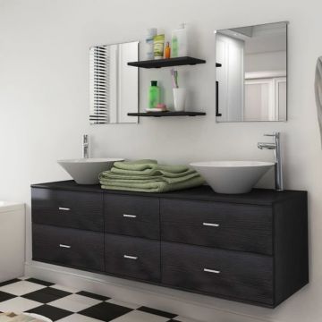 Set mobilier de baie, 9 piese, cu chiuvetă și robinet, negru