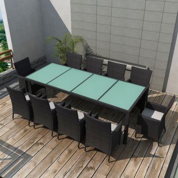 Set mobilier de exterior cu perne 11 piese negru poliratan