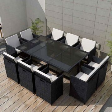 Set mobilier de exterior cu perne 11 piese negru poliratan