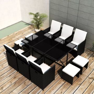 Set mobilier de exterior cu perne 11 piese negru poliratan