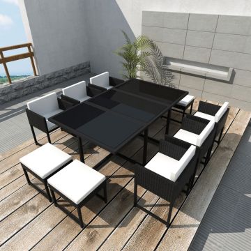 Set mobilier de exterior cu perne 11 piese negru poliratan