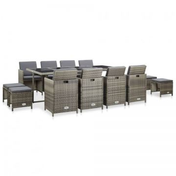 Set mobilier de exterior cu perne, 13 piese, gri, poliratan