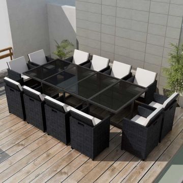Set mobilier de exterior cu perne 13 piese negru poliratan