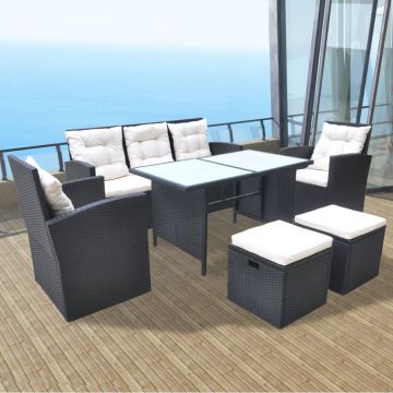 Set mobilier de exterior cu perne 6 piese negru poliratan