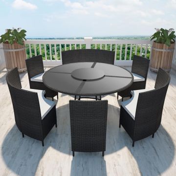 Set mobilier de exterior cu perne 7 piese negru poliratan